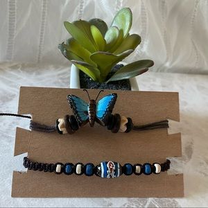 2 adjustable bracelet- Blue butterfly and mix blue wood bead macrame
